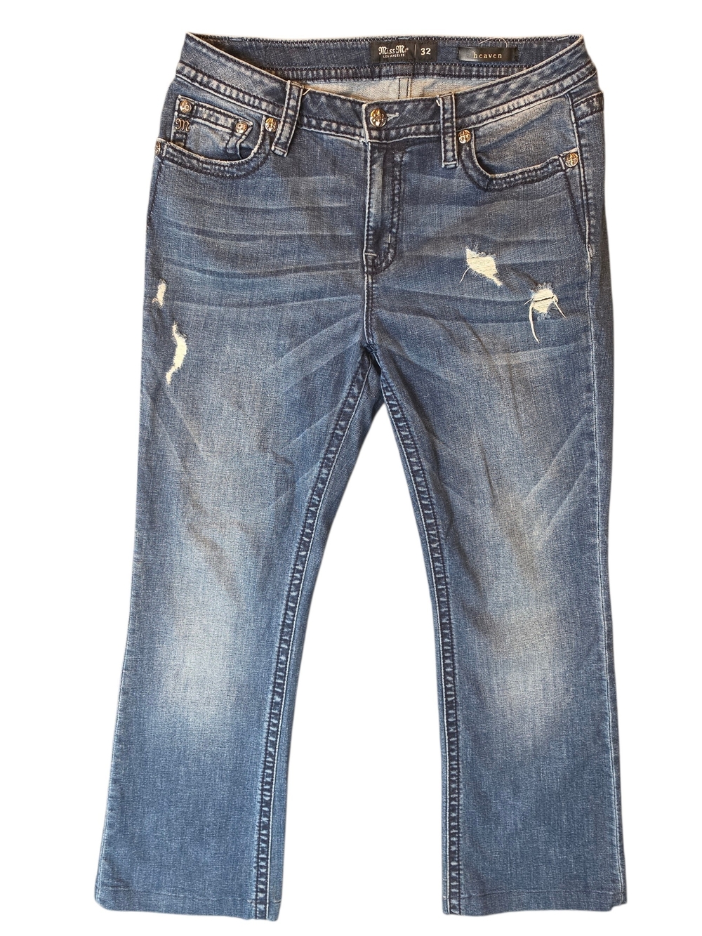 Miss Me Heaven Distressed Bootcut Jeans Medium Wash 32 Y2K Western Glam Bohemian